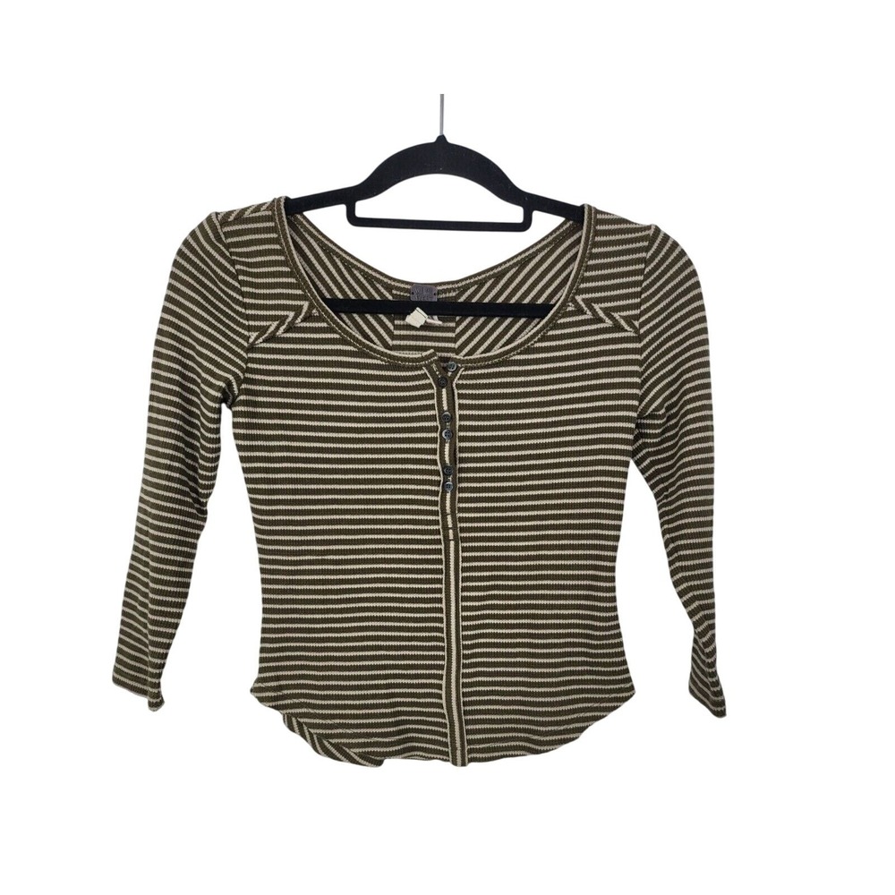 We The Free Top Cropped XS Womens Green Striped Long Sleeve Crew Neck Boho